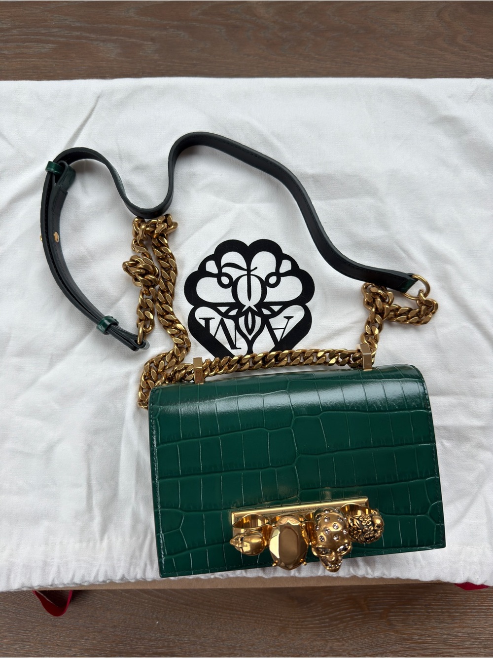 ALEXANDER MCQUEEN ‘Mini Jeweled Croc Satchel’ in Emerald/Gold - Picture 10 of 14